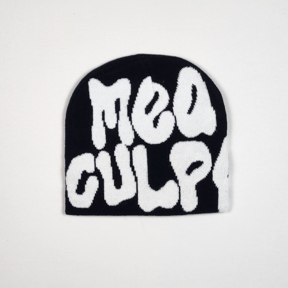 New Women's Mea Culpa Y2K Knit Beanie Cap - Black & White, One Size, Retro Style